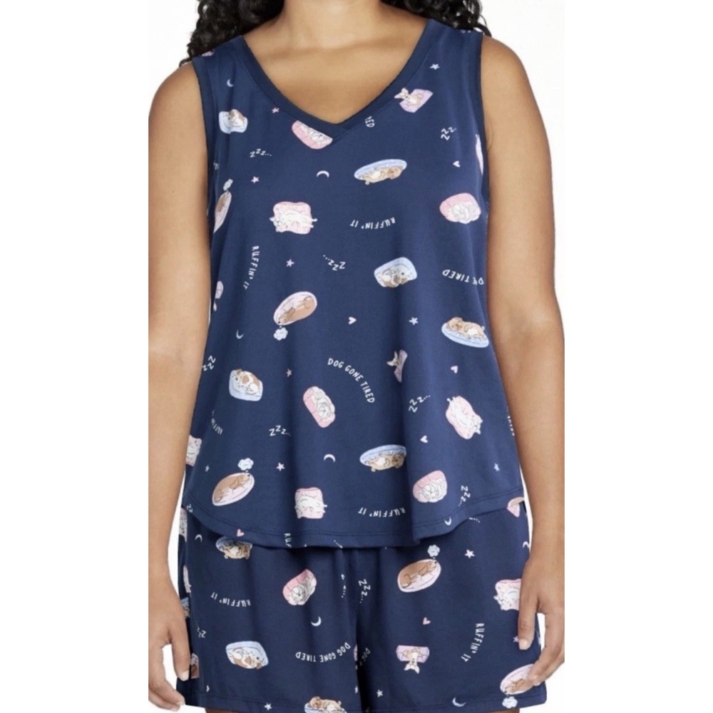 Joyspun Womens‎ Navy Blue Dog Print Pajamas Dreamy Soft Tank Shorts Medium 8-10